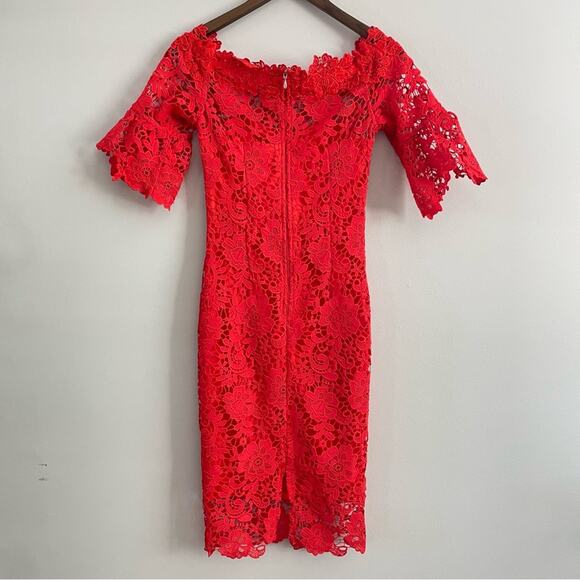 Paper Dolls | Women’s Red Crochet Lace Bardot Dress Off Shoulder Party Cocktail - Picture 7 of 15